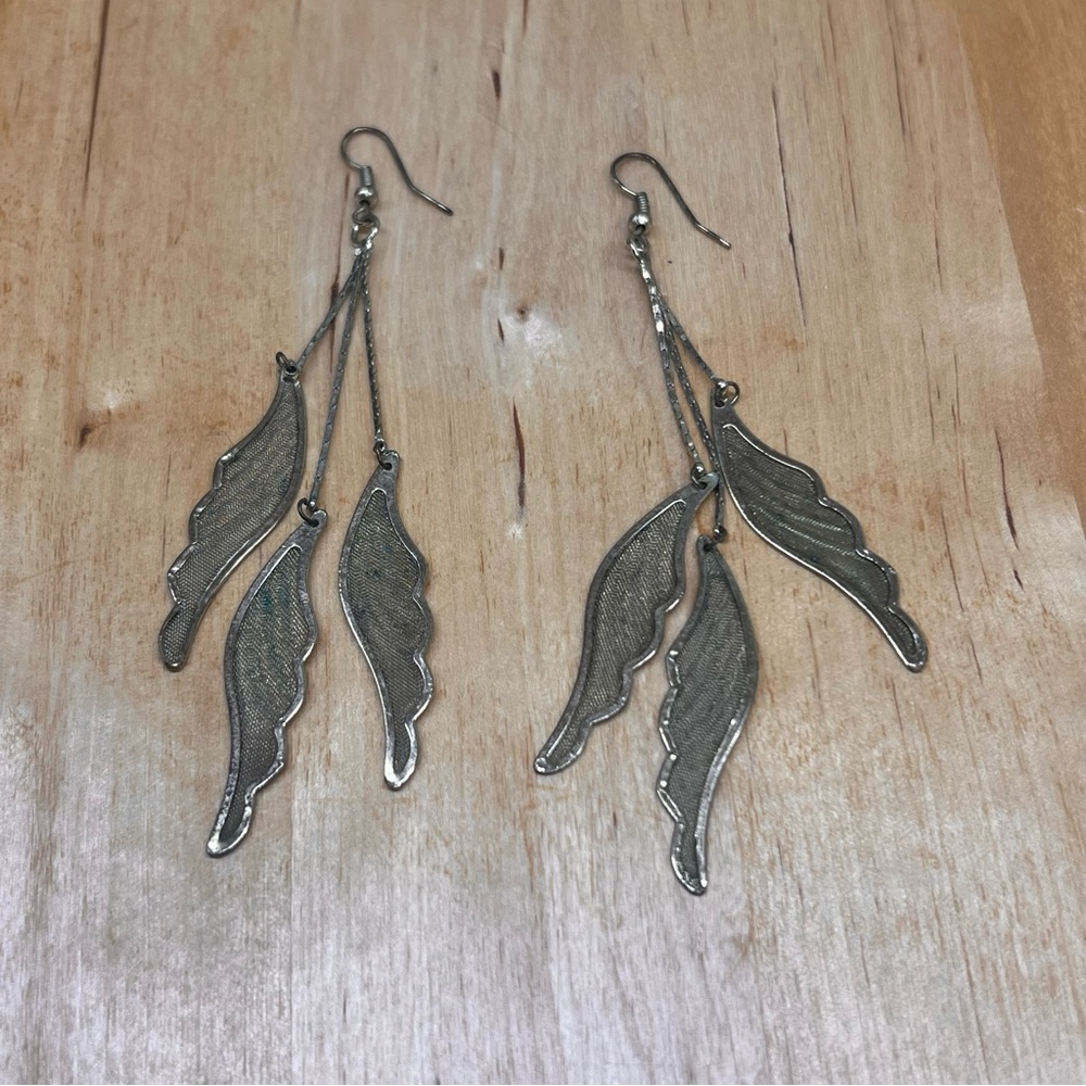 Gold tone Filigree Feather or Wings Lightweight Dangling Hook Earrings